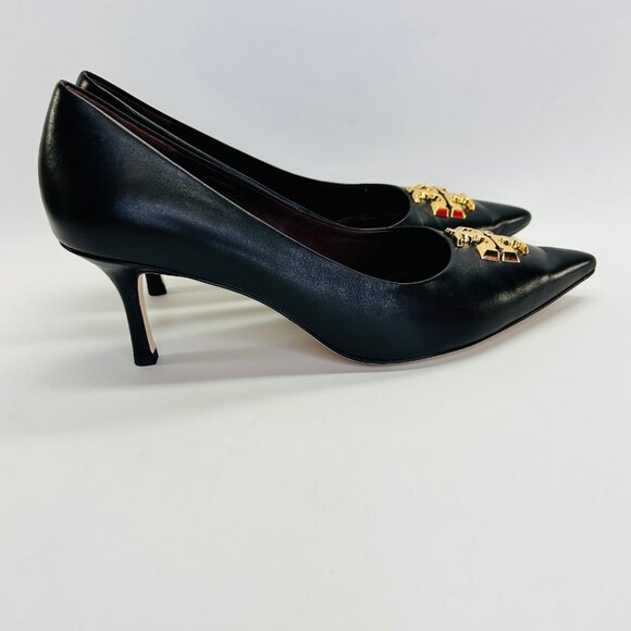 Tory Burch Eleanor Pointed Toe Leather Pump Size 8 Black Kitten Heel Classic - Picture 6 of 16